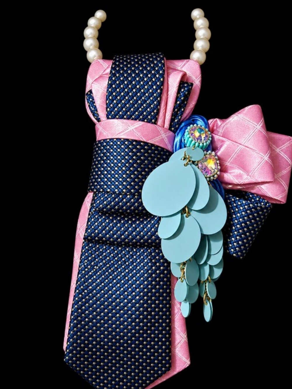 Pearl Accent Navy & Pink Statement Necktie Necklace - Picture 3 of 3